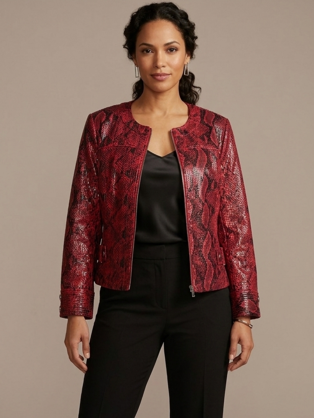 ​Hearts Of Palm Red Snakeskin Faux Leather Zip Front Jacket 14P